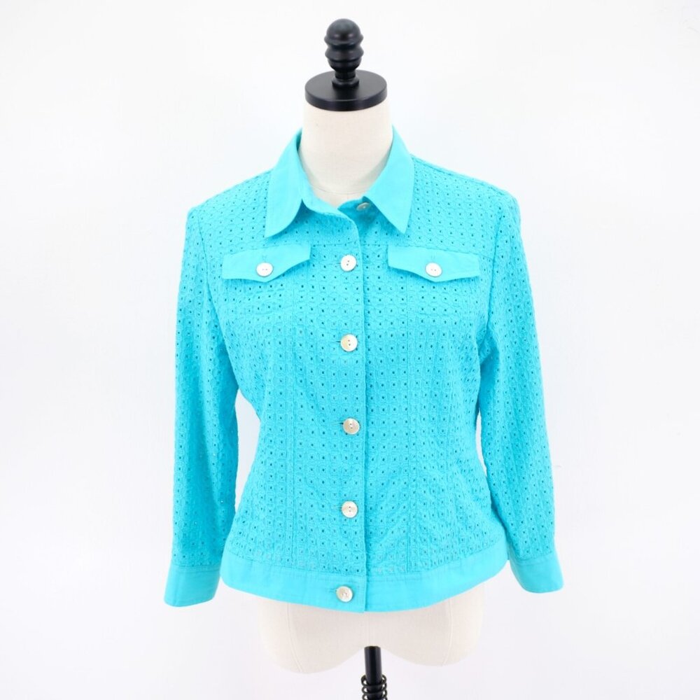 Ruby Rd. Petite Teal Button Front Pocket Collared Blouse Top 12P Long Sleeve Cot